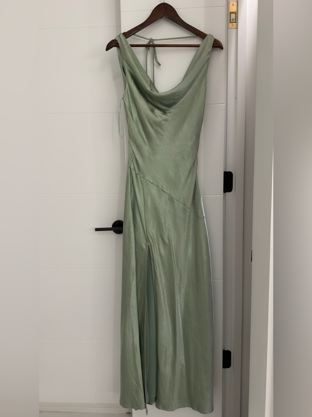 Hello Molly Satin Cowl Neck Slip Dress in Sage Green - Picture 3 of 8